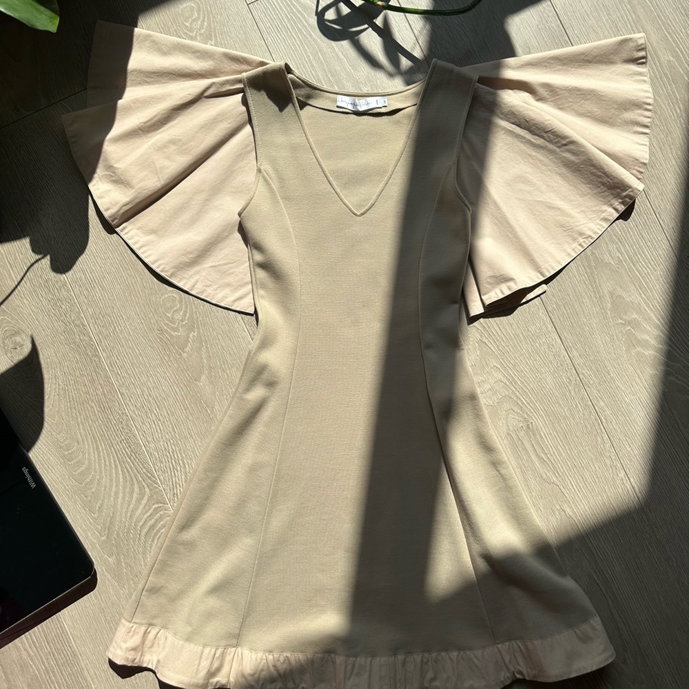 Kourbela Greek Fashion Designer Tan Dress with Winged Shoulder Sleeves